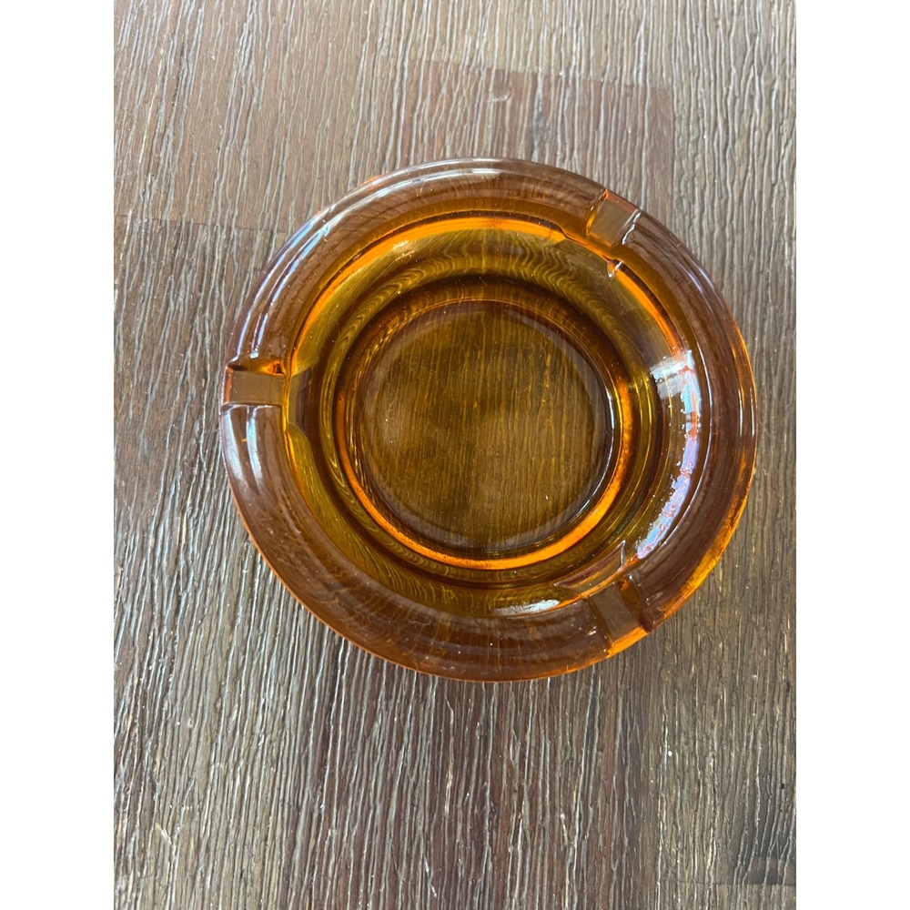 Vintage Amber Glass Ashtray Round Mid Century Modern MCM Trinket Dish 3.75 Inch